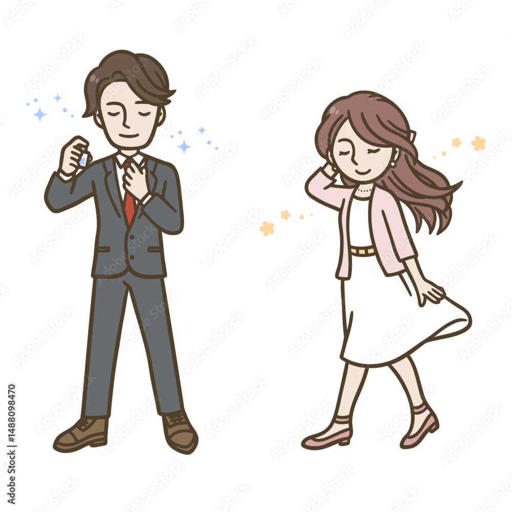 香水や柔軟剤などの香りをまとう男女のイラスト(ビジネススーツとワンピース) 香水や柔軟剤などの香りをまとう男女のイラスト(ビジネススーツとワンピース)