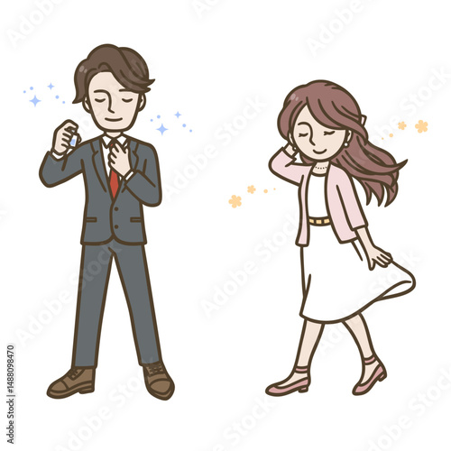 香水や柔軟剤などの香りをまとう男女のイラスト（ビジネススーツとワンピース）