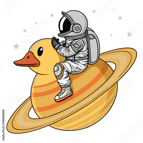 An astronaut, helmet gleaming, joyously rides a colossal inflatable yellow rubber ducky across the surface of Saturn's rings.