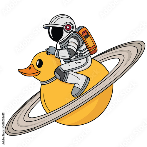 An astronaut in a spacesuit joyously rides a colossal inflatable rubber duck across the surface of Saturn's rings.