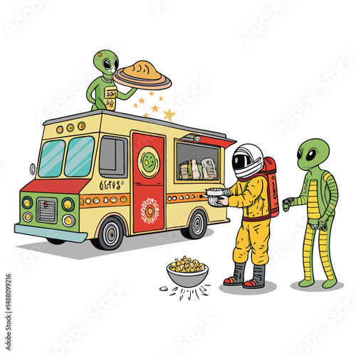 A futuristic food truck scene an astronaut smiling, serving steaming bowls of ramen to curious, diverse aliens.