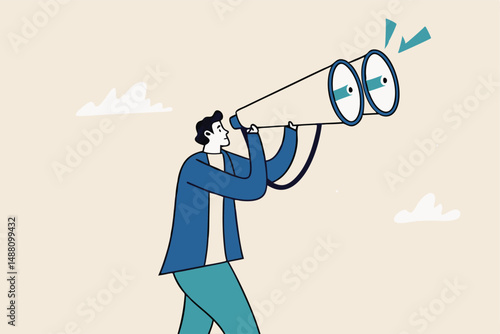 Financial forecast, vision for stock market investment return, make profit opportunity, discover economic recover, businessman financial professional look through binocular to see graph and chart.