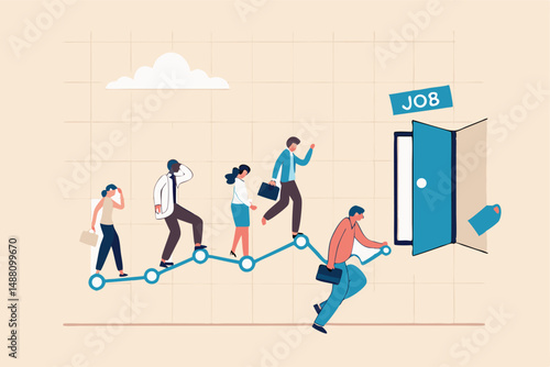 Unemployment rate or hiring position statistics or forecast, economy growth or recession, new worker or corporate job concept, business people queue in line on unemployment graph diagram applying job.