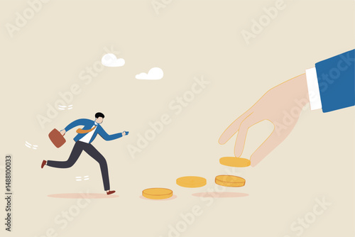 Follow the money, chasing for investment yield, profit or earning, change job for better salary or wages, greed or investing opportunity concept, greedy businessman running to grab money coin trail.