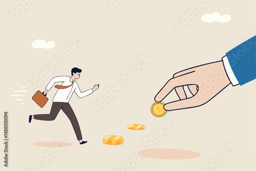 Follow the money, chasing for investment yield, profit or earning, change job for better salary or wages, greed or investing opportunity concept, greedy businessman running to grab money coin trail.