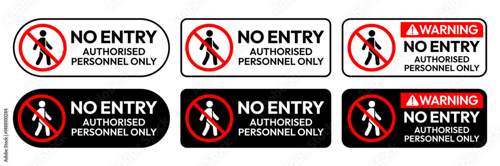 Do enter authorised personnel sign. No access for pedestrians prohibition sign. Do not enter symbol badge. No public access area prohibited safety signs. Stop hand icon. Vector Illustration. Do enter authorised personnel sign. No access for pedestrians prohibition sign. Do not enter symbol badge. No public access area prohibited safety signs. Stop hand icon. Vector Illustration.