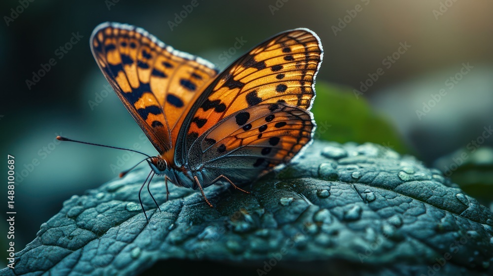 Obraz premium Butterfly on teal leaf