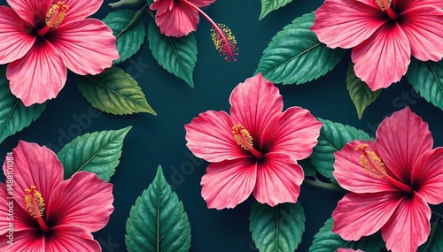 Bold blooming hibiscus, vibrant tropical seamless print, leaves, bright