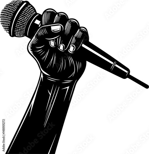 Powerful Hand Holding Microphone Vector – Music, Speech, Protest Concept Illustration