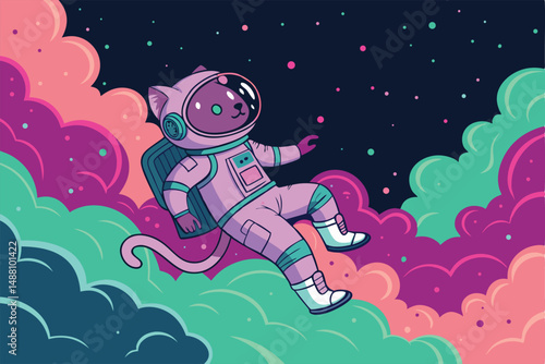 A cute astronaut cat floats serenely amidst vibrant, neon-colored space clouds, stars twinkling.  Digital art, sci-fi, whimsical.