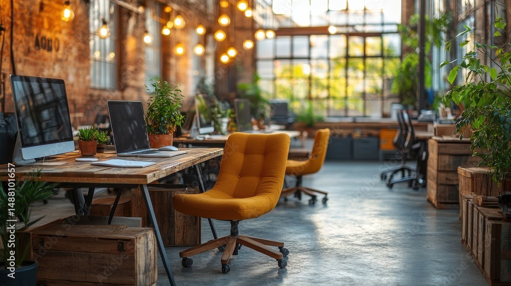 Fototapeta premium Bright and Cozy Workspace with Plants and Warm Lighting Elements