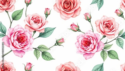Delicate watercolor roses, leaves & buds, seamless repeat, wedding, print
