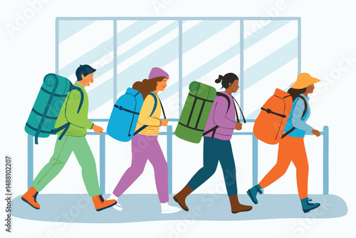 Two young backpackers, laden with travel gear, eagerly await their flight at a bustling airport terminal gate.