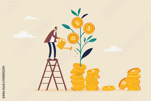 Mutual fund or growing investment, wealth profit growth or earning increase, savings or wealth management, pension fund concept, businessman investor watering stack dollar coin to grow money plant.