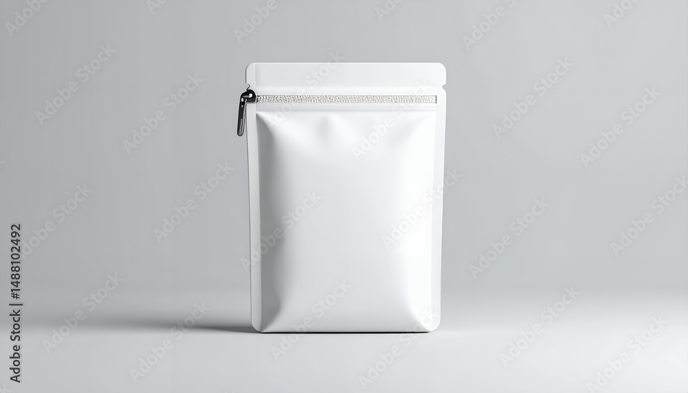 Front view of a blank white pouch mockup with a zipper, perfect for product packaging design and branding, isolated on a neutral gray background for easy customization. Front view of a blank white pouch mockup with a zipper, perfect for product packaging design and branding, isolated on a neutral gray background for easy customization.