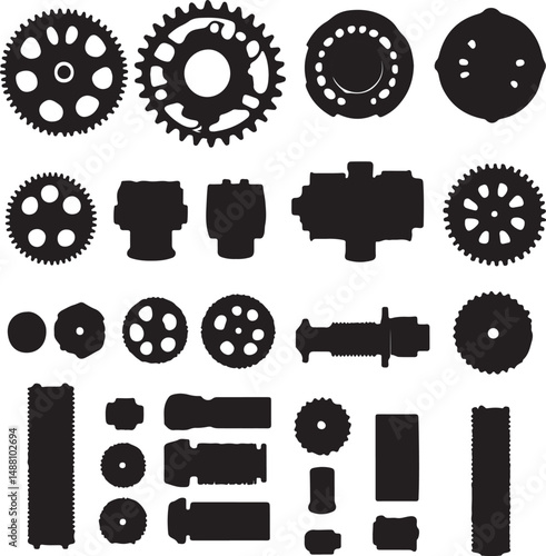 Black and White Vector Illustration of Mechanical Parts: Gears, Cogs, Pistons, and Industrial Components for Technical Drawings and Designs