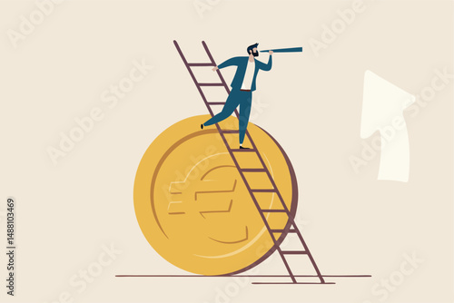 Europe economy forecast or vision, EU financial or economics recession ahead, look to see future concept, businessman investor climb up ladder on Euro money coin look on telescope for clear vision.