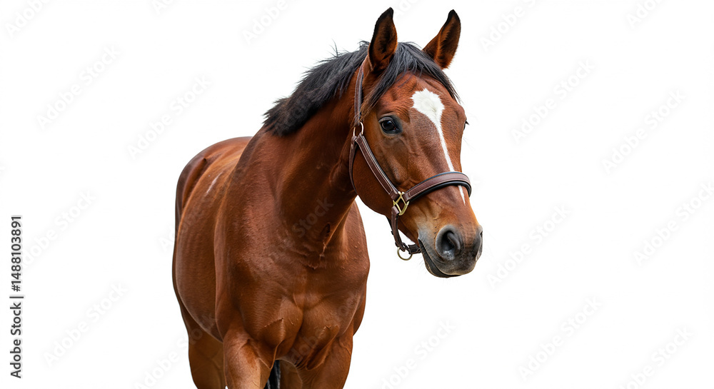 Brown horse with a white blaze on its face, wearing a bridle, isolated on white background. Brown horse with a white blaze on its face, wearing a bridle, isolated on white background.