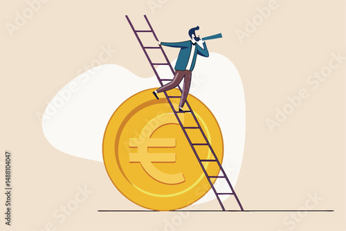 Europe economy forecast or vision, EU financial or economics recession ahead, look to see future concept, businessman investor climb up ladder on Euro money coin look on telescope for clear vision.