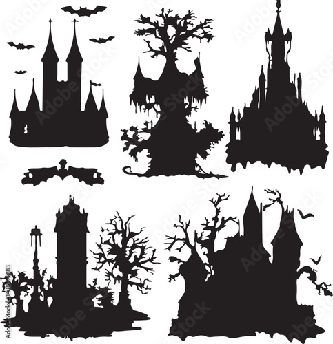 Halloween Silhouette Vector: Spooky Castles, Haunted Houses, Bats, and Trees - Gothic, Creepy, and Eerie Halloween Clip Art Elements