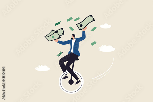 Make money online, earning form online investment or computer crypto trading, affiliate marketing or e-commerce sales concept, businessman expertise riding unicycle making money from computer laptop.
