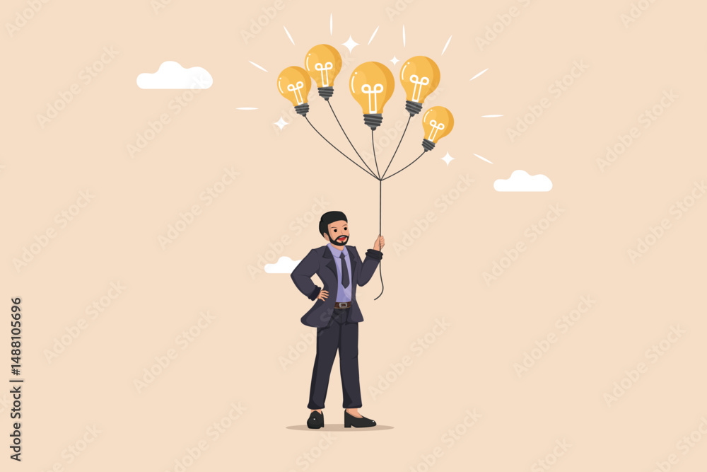 Businessman Holding Balloons of Bright Ideas: Man in Suit Holding Strings Attached to Glowing Light Bulbs, Symbolizing Innovation and Potential. Businessman Holding Balloons of Bright Ideas: Man in Suit Holding Strings Attached to Glowing Light Bulbs, Symbolizing Innovation and Potential.