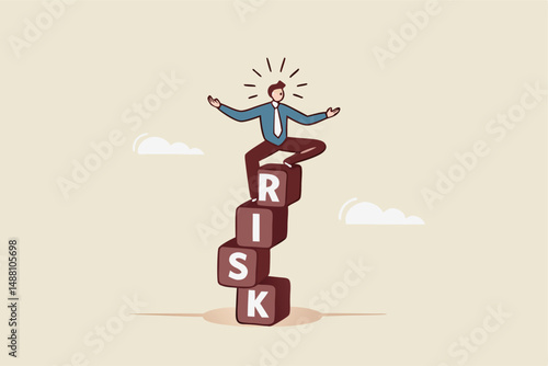 Risk management, control or assess to lose money in investing, process or preparation for safety or secure earning and loss concept, businessman investor calmly meditate on stack with the word RISK.