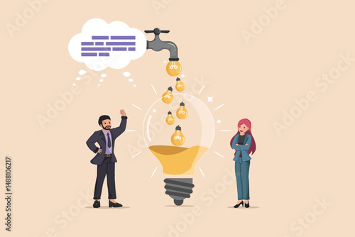 Cultivating a Powerful Idea Businessman Showing How Small Light Bulb Ideas Flow from a Faucet into a Large, Bright Light Bulb, Watched by a Woman.
