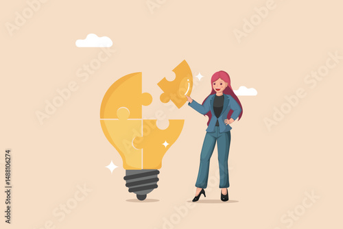 Building a Bright Idea: Woman Adding a Piece to a Puzzle Shaped Like a Light Bulb, Representing Problem Solving and Creativity.