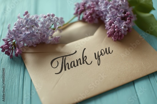 A nostalgic envelope with an enclosed card, paired with a lilac bouquet reminiscent of summer
