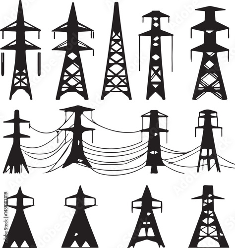 Silhouette Vector Art of Power Line Transmission Towers: Electricity Pylon Designs for Energy Infrastructure and Grid Systems