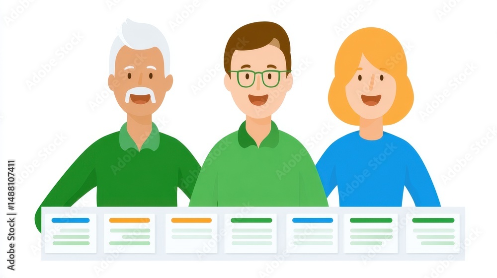Fototapeta premium A diverse group of three individuals, representing different ages and genders, showcasing collaboration and teamwork in a modern setting, with positive expressions and engagement.