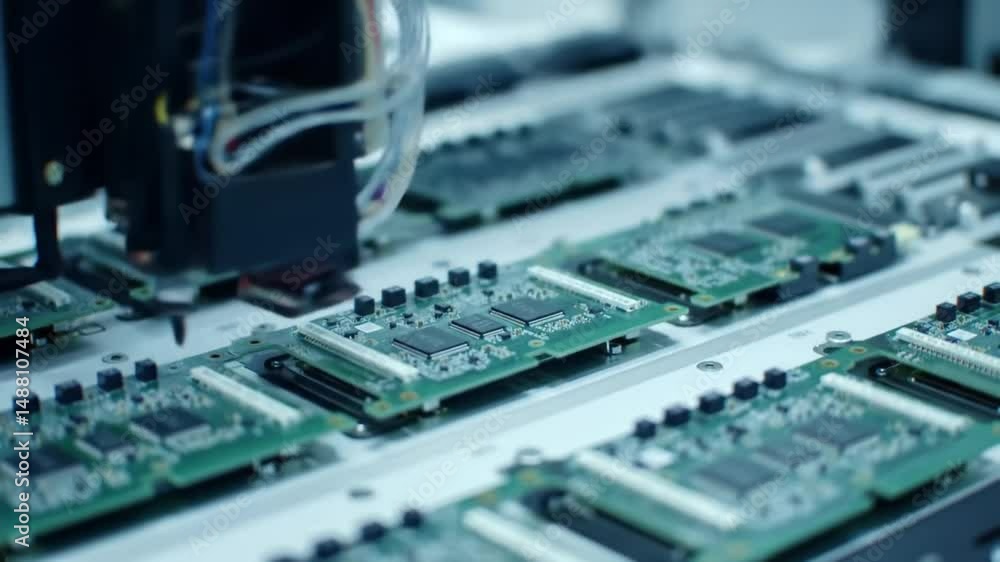 In a high-tech electronics facility, automated machinery assembles numerous circuit boards, showcasing precision and efficiency in the manufacturing process essential for modern technology. In a high-tech electronics facility, automated machinery assembles numerous circuit boards, showcasing precision and efficiency in the manufacturing process essential for modern technology.