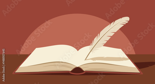 Open book with a quill pen resting on it against a warm background
