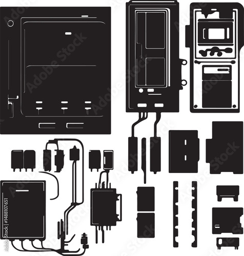 Black and White Vector Illustration of Electrical Panel Components: Wiring, Boxes, and Circuit Breakers for Engineering and Design Projects