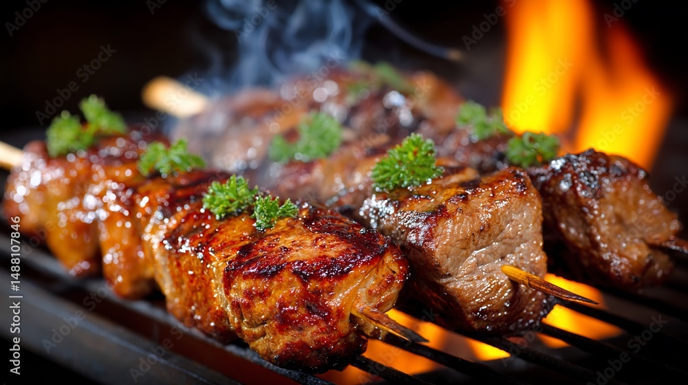 Grilled skewers sizzle over fiery flames Grilled skewers sizzle over fiery flames