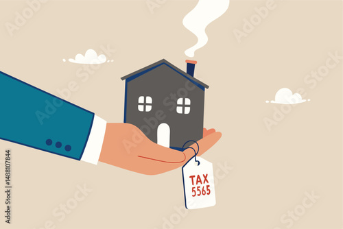 Property tax, real estate or housing payment, money or bills to pay for government concept, businessman hand holding house with the price tags showing property tax with dollar signs to pay for.