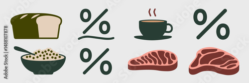 Food icons with percentage price increases – Ideal for consumer economics materials, inflation awareness graphics, or educational charts.