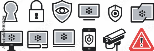 cybersecurity icons vector sheet with keyhole padlock shield mouse monitor laptop smartphone and warning signs – great for IT security, digital safety, or tech tutorials