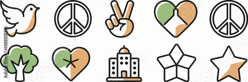 Vector icon sheet with diverse peace illustrations – Suitable for wellness platforms, educational tools, or global awareness campaigns