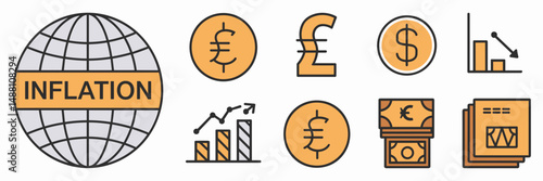 Icon sheet with globe, inflation text, bar chart and currency symbols – Ideal for global finance themes, economic education, or market forecast visuals
