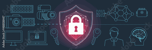 cyber security vector icons with shield lock glowing red camera key network and brain on dark background – suitable for cyber threat awareness, network security, or IT defense content