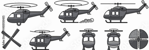 Vector icon sheet of helicopters in motion and various states – Ideal for aviation safety materials, helicopter operations guides, or animated UI assets