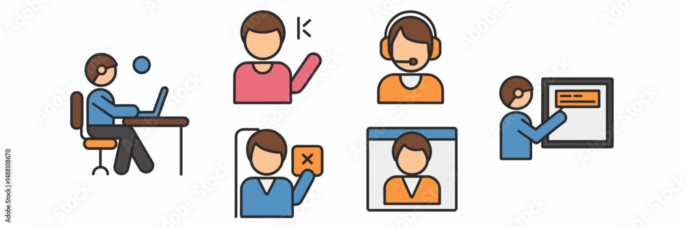 Vector sheet of office activity icons – Great for workplace training materials, communication tools, or remote work platforms Vector sheet of office activity icons – Great for workplace training materials, communication tools, or remote work platforms