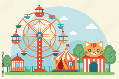 Design a whimsical cat-themed amusement park, showcasing cat-shaped rides, cat-themed snacks, and playful cat decor.  Include vibrant colors and a fun atmosphere.