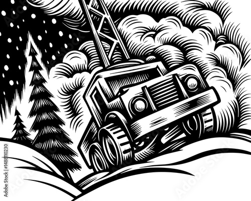 SVG showing natural disasters impacting power infrastructure and energy supply. Vintage Car Climbing Snowy Hill with Tower in Background