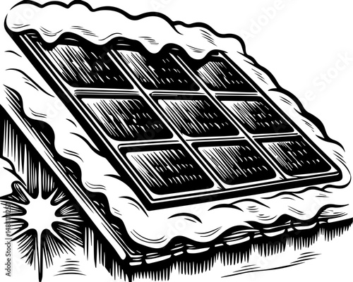SVG showing natural disasters impacting power infrastructure and energy supply. Solar Panel with Snow Cover in Vintage Ink Sketch Style Illustration