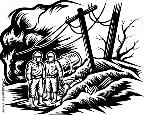 SVG showing natural disasters impacting power infrastructure and energy supply. Two Workers in Protective Gear Amidst a Stormy Landscape