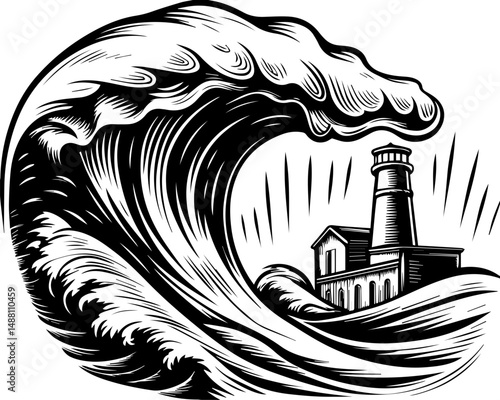 SVG showing natural disasters impacting power infrastructure and energy supply. Dramatic Ocean Wave Crash with Lighthouse Illustration in Monochrome