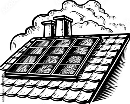 SVG showing natural disasters impacting power infrastructure and energy supply. Solar Panel Installation on a Rooftop with Chimneys and Clouds